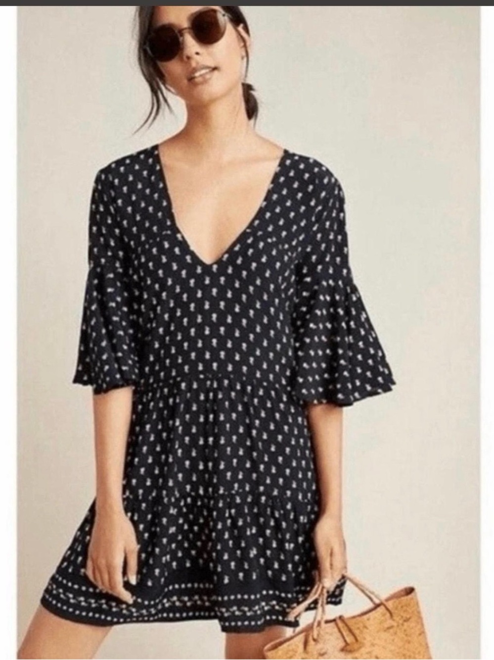 Faithfull the Brand Anthropologie 
 Black V-Neck Short Sleeve Printed Dress